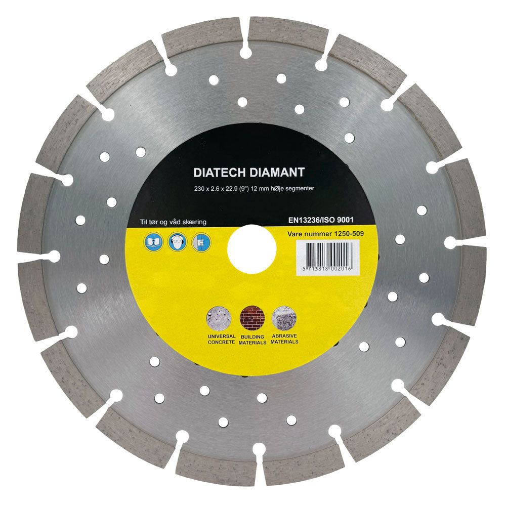 Diamantklinga 230x22,2 mm – För hård betong/natursten – 12 mm segment